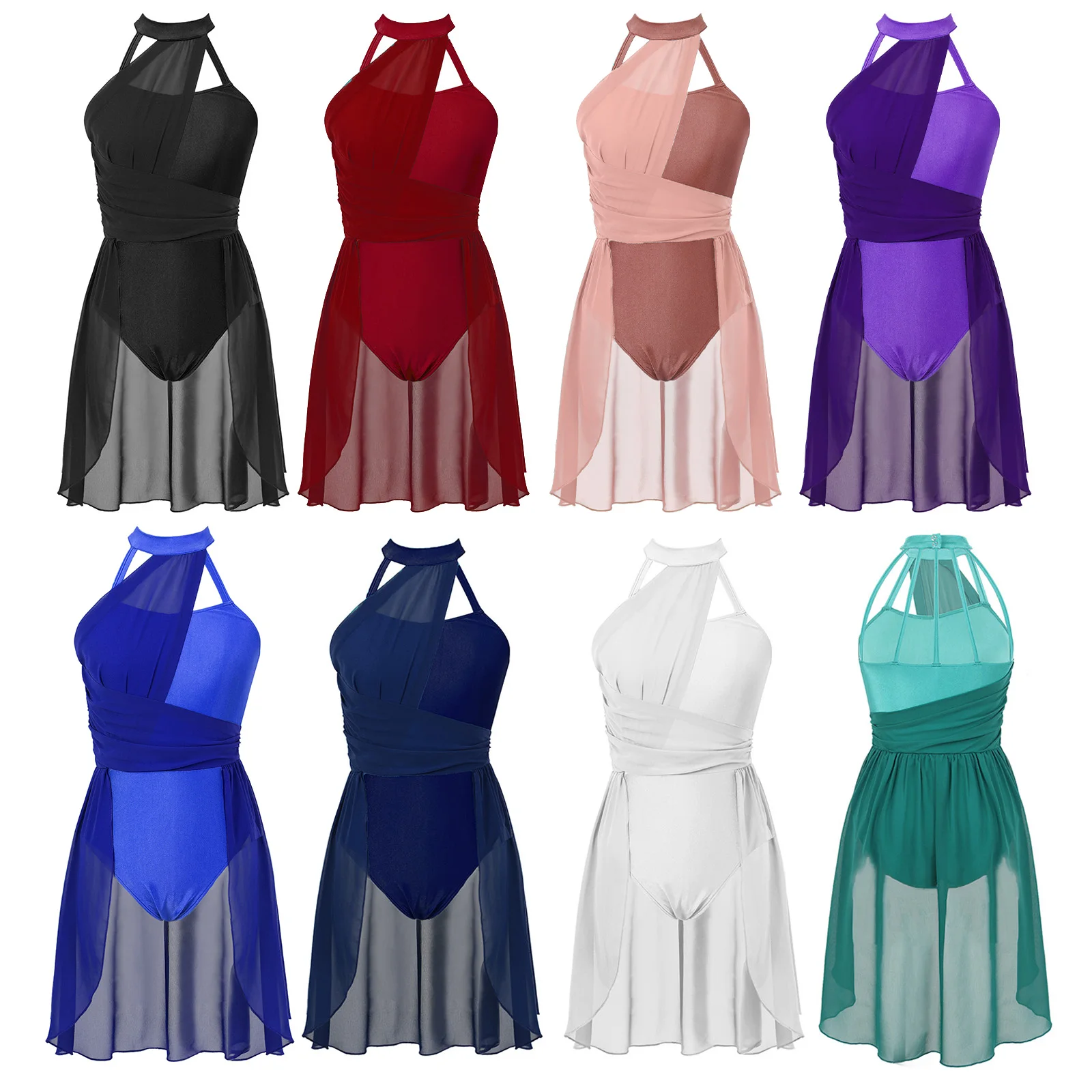 thumbnail image 2 of Shinsto Women's Lyrical Dance Dress – Halter Neck, Sequin Bodice With High-Low Mesh Skirt, Built-in Leotard 2 of 11