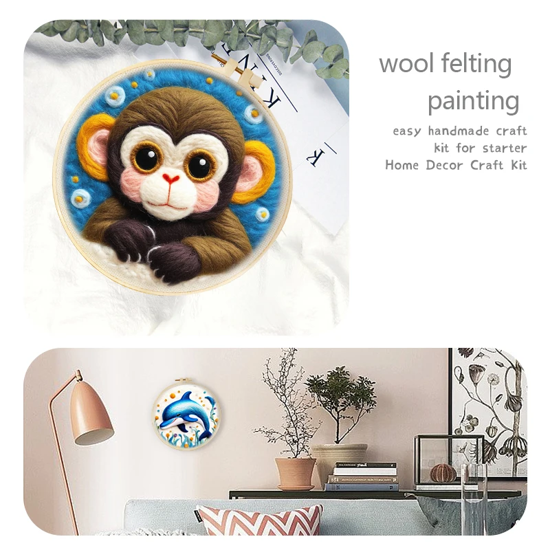 DIY Wool Needle Felting Embroidery Pandas Monkeys Bees Felt Material Bag Home Decors Crafts Animal Painting Frame Kit GATYZTORY
