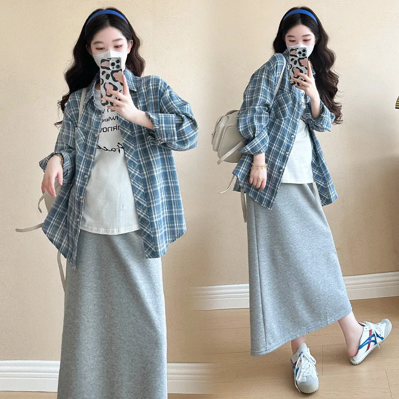 임부복 2026 여름 한국 스타일 심플 레터 프린트 반팔 티셔츠 체크 셔츠 코트 미디 스커트 3종 세트