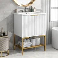 FENGSHUO Simplicity Bathroom Vanity With Sink Bathroom Vanity Cabinet With Two Doors And Gold Metal Frame Open Storage Shelf 2