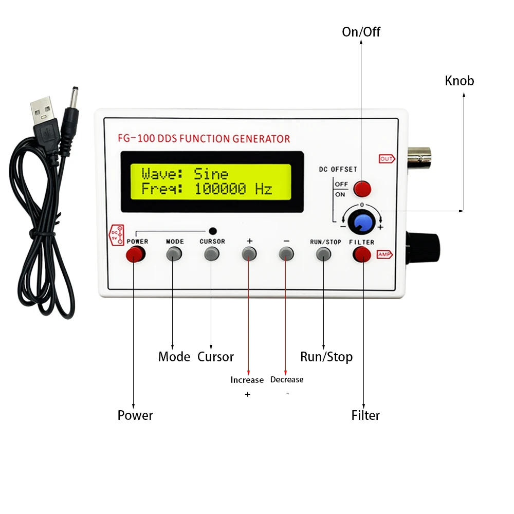 FG-100 DDS Function Signal Generator Frequency Counter 1Hz-500KHz Signal Source Module Sine+Square+Triangle+Sawtooth Waveform