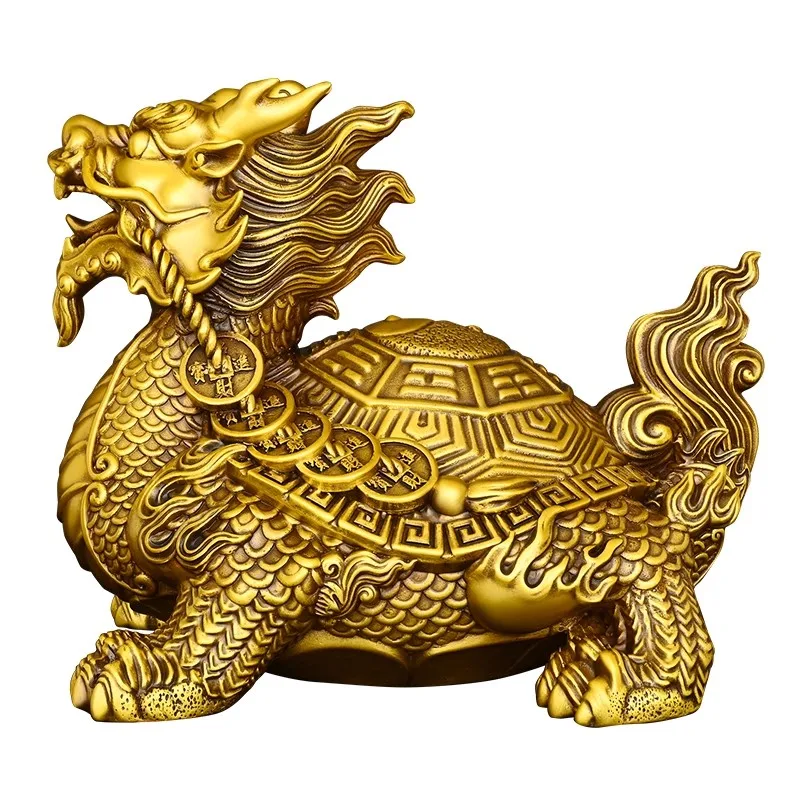 Brass Tortoise Dragon Statue for Good Luck Fortune Wealth, Chinese Feng Shui Pi Xiu Tortoise Home Office Desk Decor, Gift