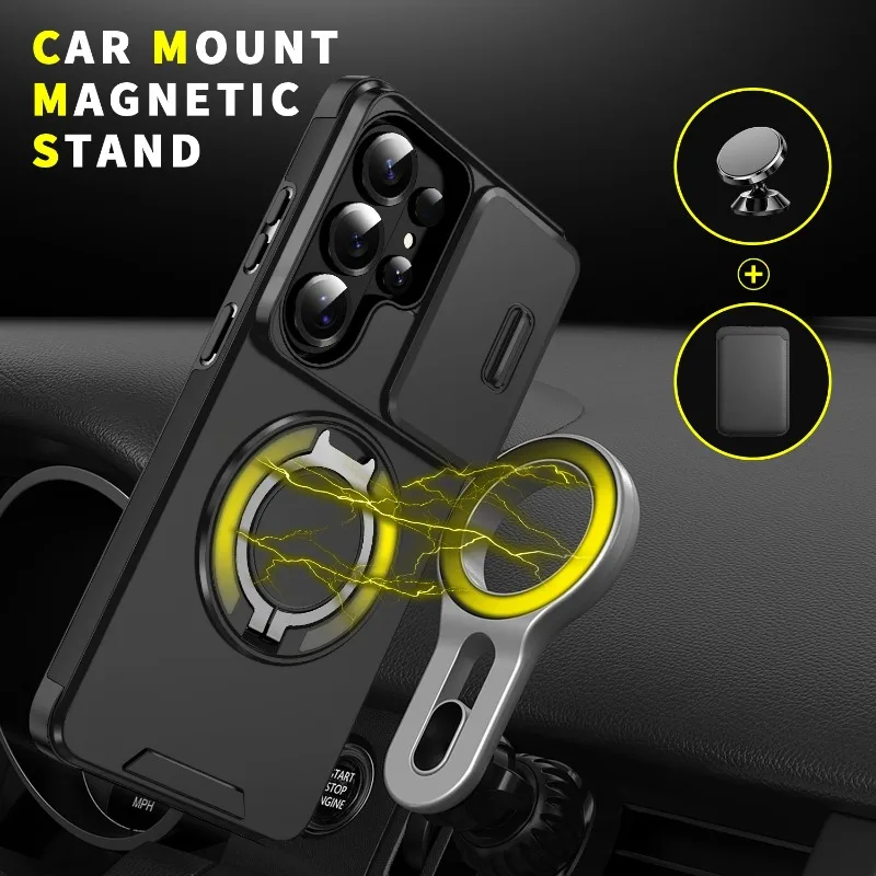 Magnetic Ring Stand Phone Case with Slide Camera Lens Cover and Fall Protection Frame