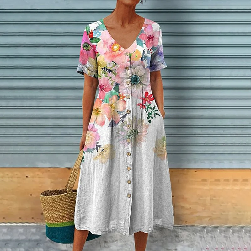 

2024 Elegant Floral Printed Pocket Party Dress Summer Sexy Deep V-neck Loose Long Dress Women Casual Short Sleeve A-Line Dresses