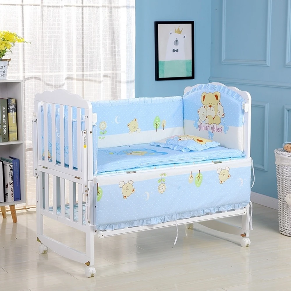 6PCS Cotton Nursery Bedding Crib Bedding Set For Boys and Girls Baby Girl Crib Bed Set (4bumpers+Matress+Pillow)