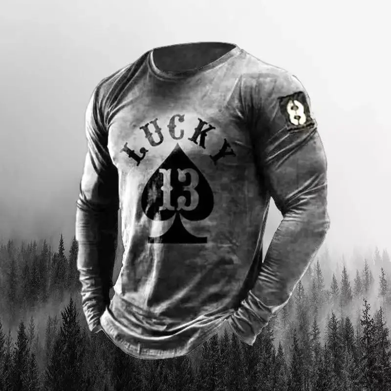 Poker A Print T-Shirt Long Sleeve Winter O-Neck Soft Top Men'S 2022 Fashion Skull Us Vintage Cotton Comfortable Clothes T-Shirt