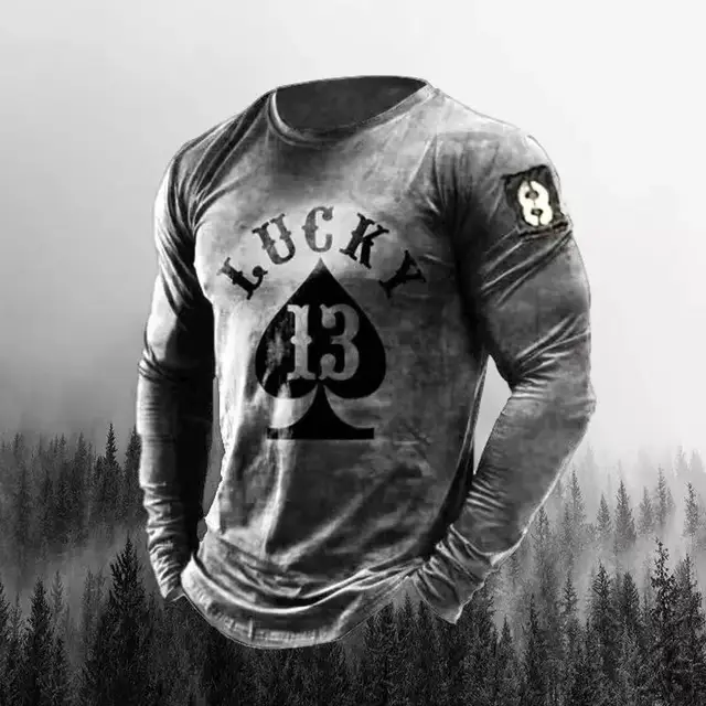Poker A Print T-Shirt Long Sleeve Winter O-Neck Soft Top Men'S 2022 Fashion Skull Us Vintage Cotton Comfortable Clothes T-Shirt 1