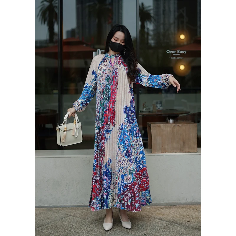 

2024 spring/summer new pleated printed long dress A line skirt loose fashion elegant feminine women's wear