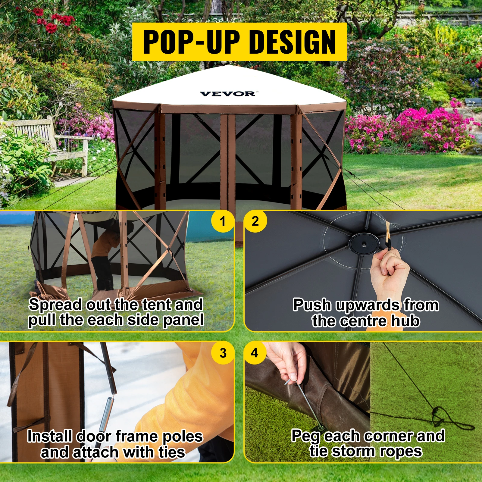VEVOR Pop-up Camping Gazebo Camping Canopy Shelter 6 Sided 12' x 12' / 10' x 10' Sun Shade Tents & Canopies & Hiking
