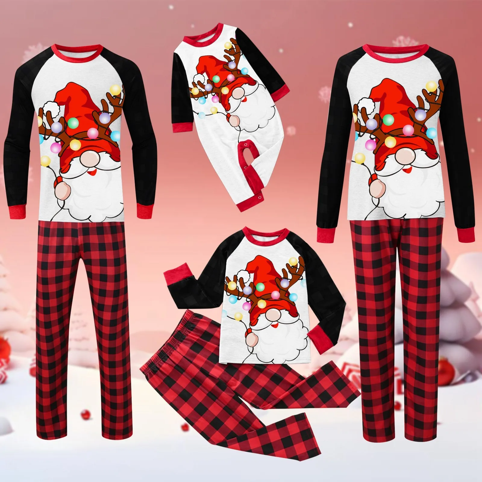 Pijamas navideños negros de Papá Noel para la familia, traje de otoño e invierno para estar en casa, conjunto de 2 piezas con parte superior y pantalones, conjuntos navideños familiares a juego