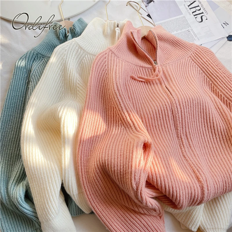 

Ordifree 2022 Autumn Winter Women Knitted Sweater Christmas Jumper Casual Loose Zipper Turtleneck Knitted Cardigan Coats