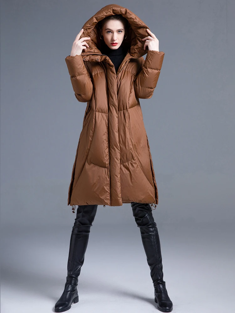 High quality Long down jacket Oversized Women Winter Elegant Warm Hooded knee length coat 2024 New clothing Solid INKEO 3O289
