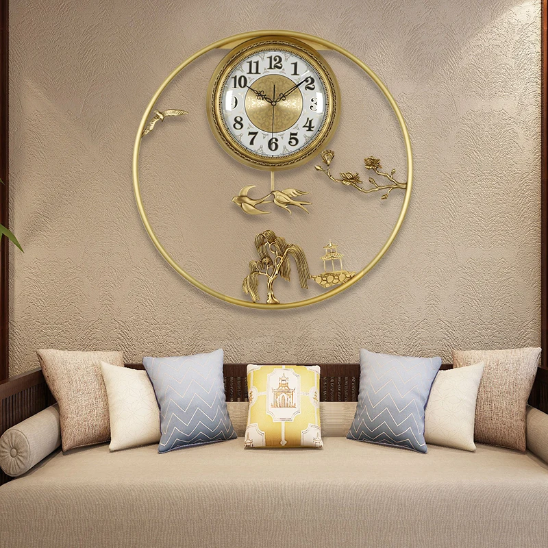 

Настенные часы в китайском стиле, латунные настенные часы в китайском стиле для гостиной, кварцевые бесшумные декоративные часы с маятником для спальни