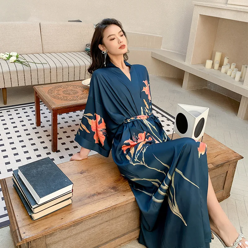 2023 New Nightgown Women's Spring and Summer Thin Section Ice Silk Satin Flower National Style Luxury Tie Morning Robe Bathrobe