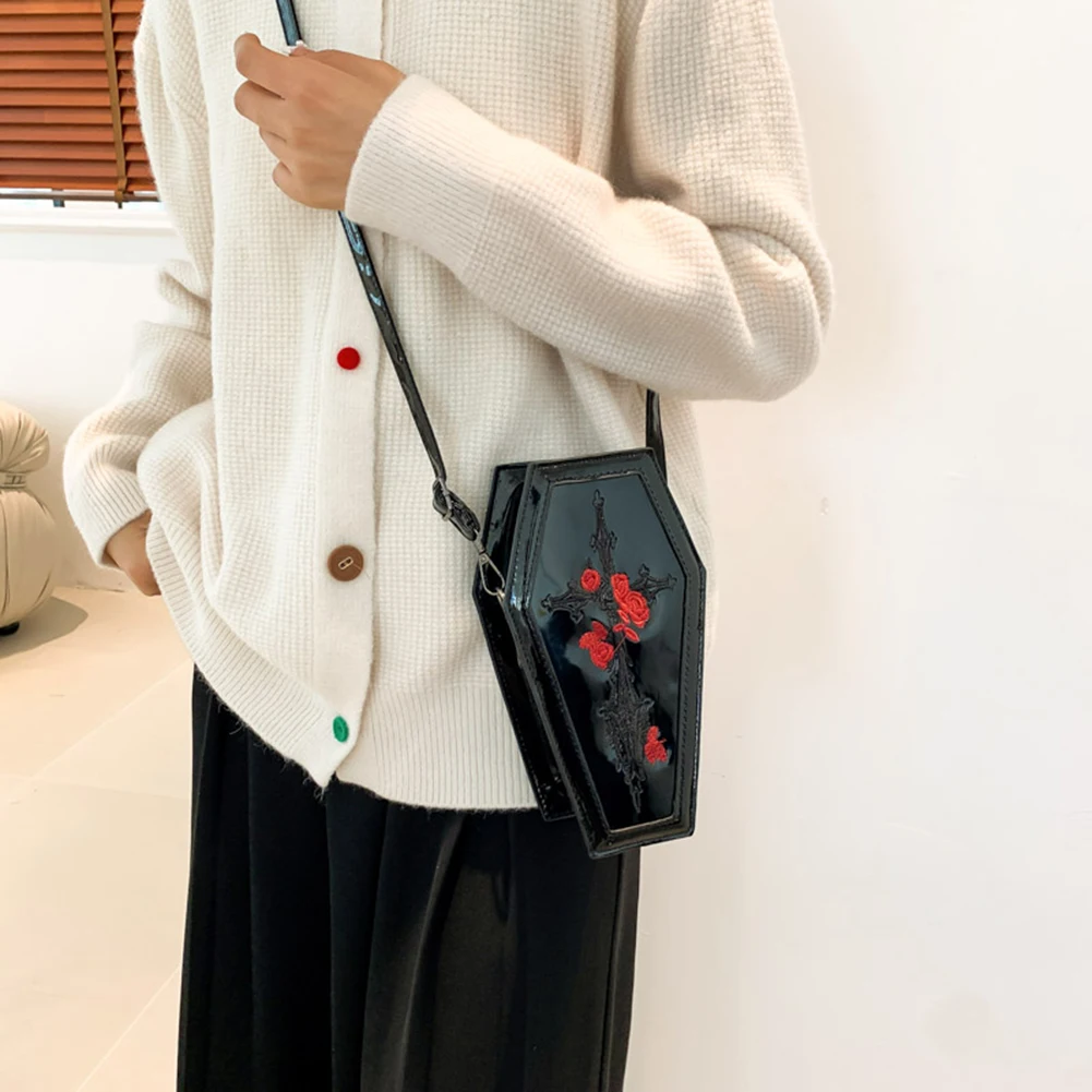 Women Coffin Gothic Crossbody Bag for Women Funny Rose Shoulder Bag Design Handbag Phone Purse Pouch Halloween Candy Bag Gift