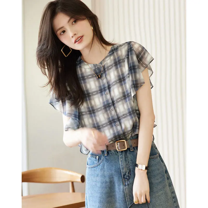 2023 Summer New Round Neck Short Ruffle Sleeves Shirts High Quality Chiffon Design Casual Women\'s Single-breasted Blouse