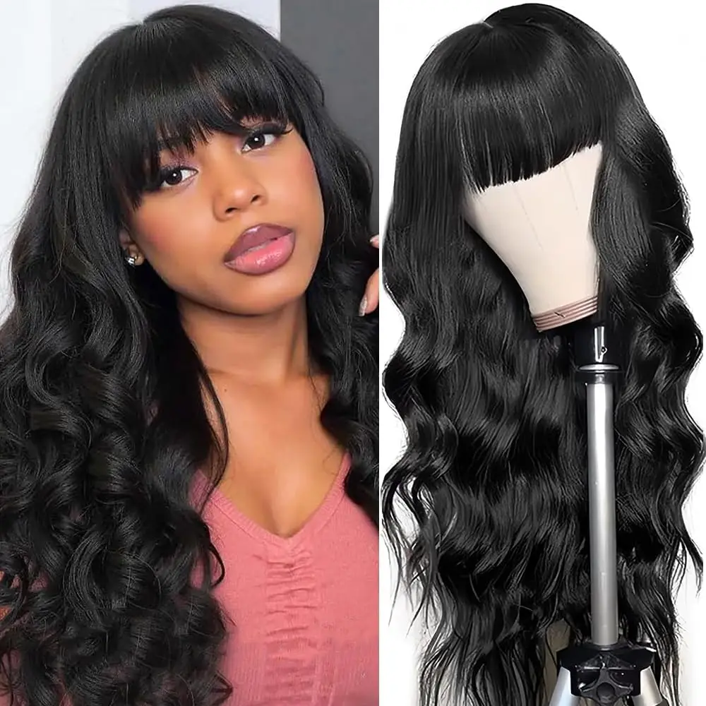 Body Wave Wigs with Bangs 3x1 Middle Part Lace Wig Human Hair Pre Plucked Body Wave Real Human Wigs with Bangs for Women 34 Inch 4