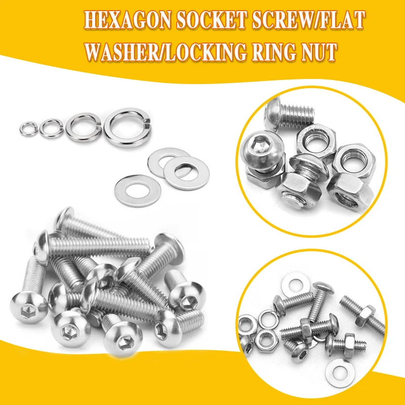 Corrosion-Resistant 304 Stainless Steel Button Head Hex Screw Combo Kit with Washers & Nuts M2 to M6, Heavy Duty Fastener Set