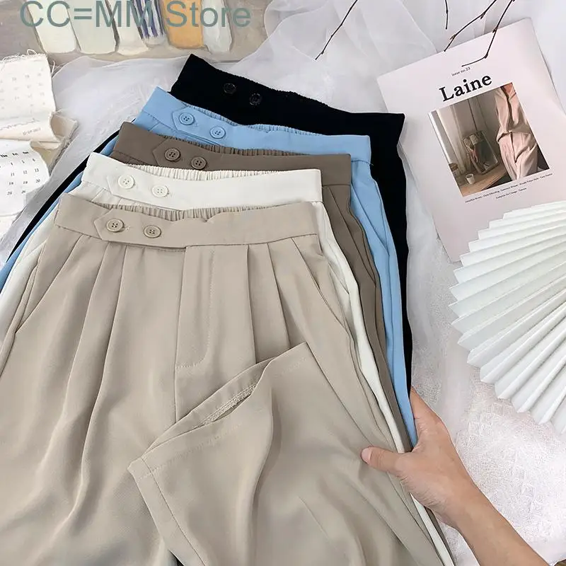 New High Waisted Suits Wide Leg Pants for Women Elegant Office French Style Full Length 2 Buttons Straight Trousers