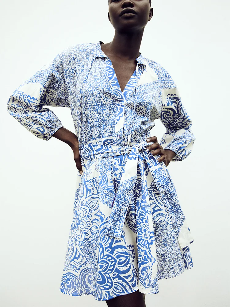 

Dresses 2023 Fashion Clothes For Women Long Sleeve Shirt Mini Dress With Belt V Neck Tie Vacation Elegant Vintage Print Dress