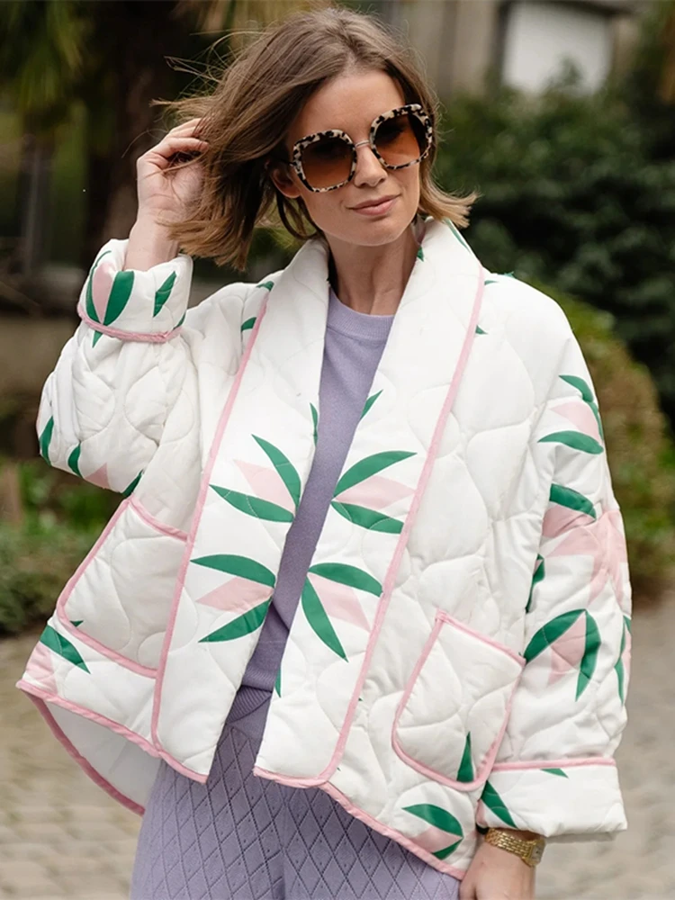 

Fashion Women Lapel Print Cotton Cardigan Coat Long Sleeved White Thicken Warm Pocket Jacket 2023 Winter Lady Street Outwears