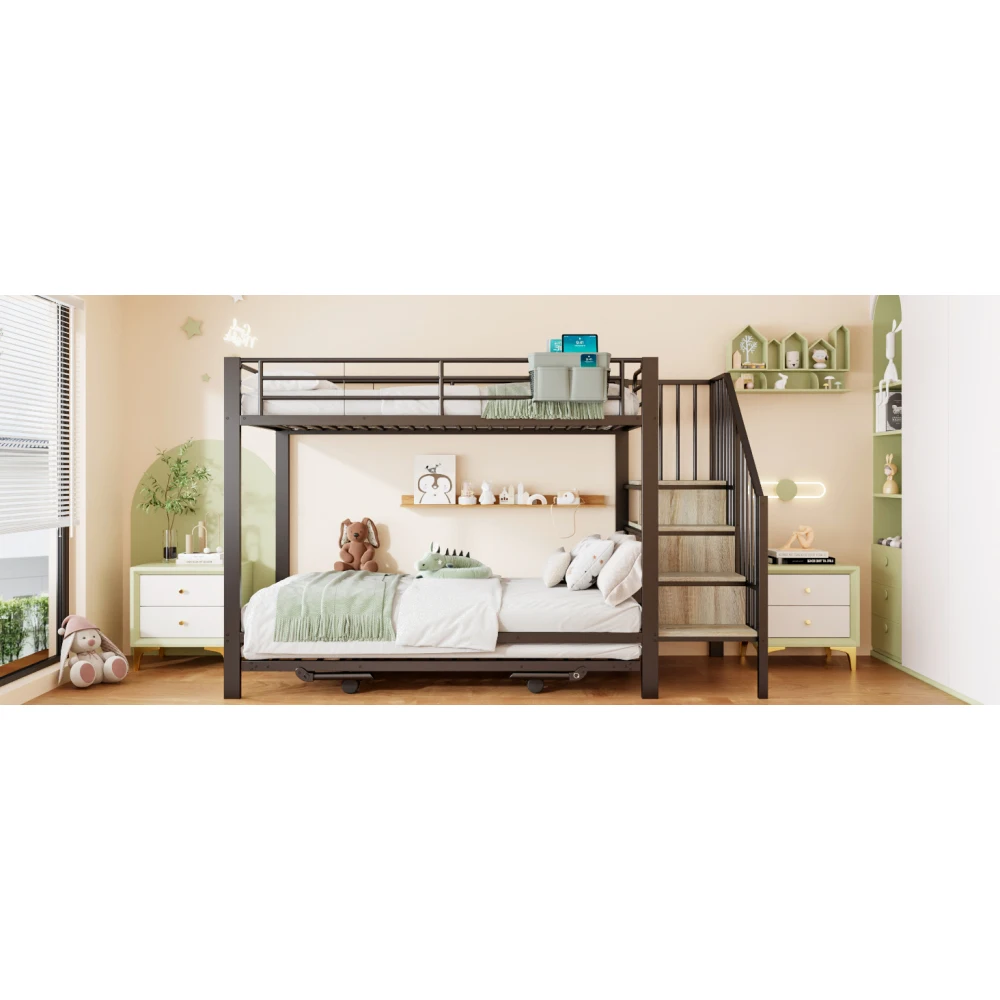 Schwarzes Metall-Eisenrahmen-Etagenbett 90×200 180×200cm Multifunktionales Ausziehbett mit Aufbewahrungstreppen & Stofftasche Platzsparend – Detail 25