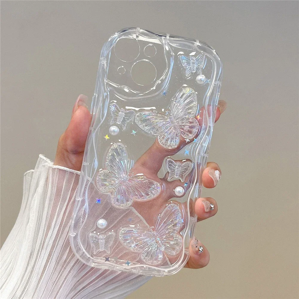 3D Butterfly Crystal Bling Glitter Clear Case with Shining Star Pearl Wave Design