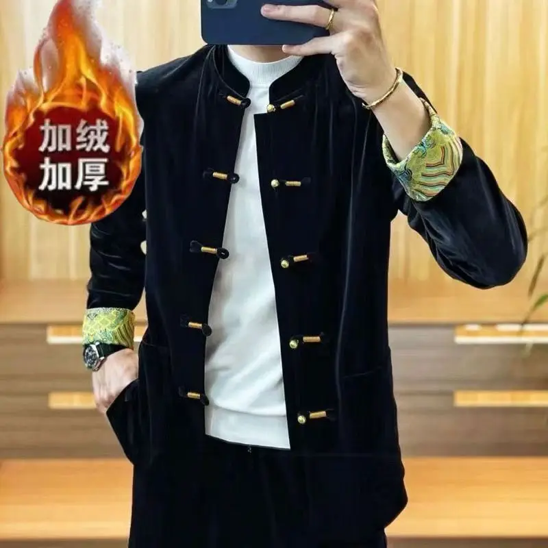 Spring and Autumn New Jackets Men's Stand Up Collar 2024 Fashion Chinese Style Tang Costume Buckle Gold Velvet All-match Coats 2