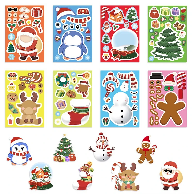 8/16/24pcs Cute Christmas Puzzle Stickers Make a Face Kids DIY Toys Assemble Sticker Games Xmas Party Favors 2025 New Year Gift