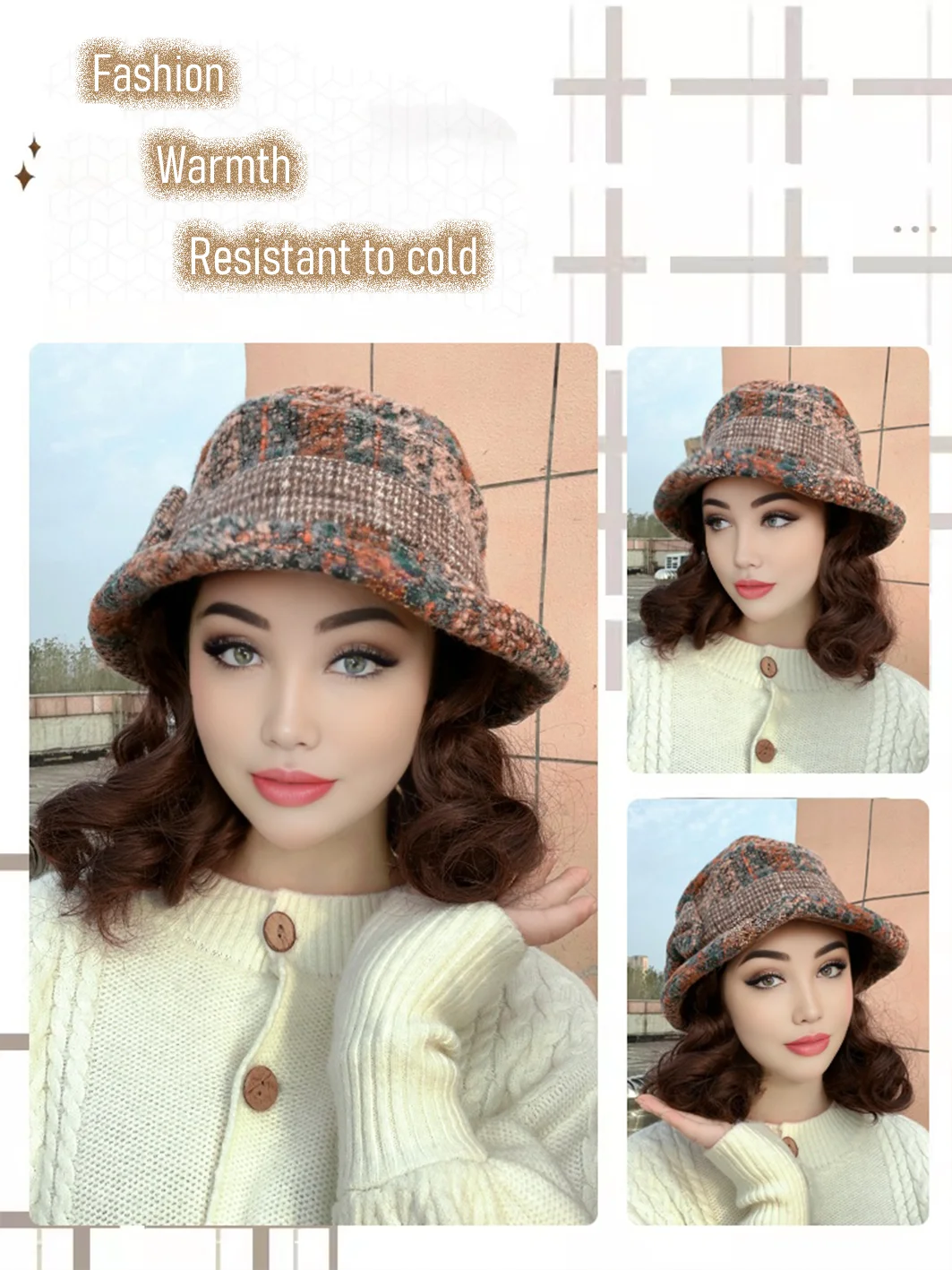 Synthetic 6inch Blue Bow Fisherman's Hat Slouchy Curl Wig Brown Princess Curl Lo Coldproof Warm Horse Roll Christmas Gift