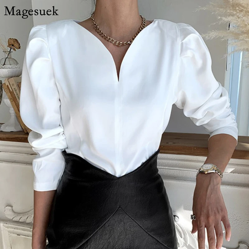 Blusa de manga larga con cuello en V para Mujer, camisa informal coreana para oficina, color blanco, Primavera, - AliExpress