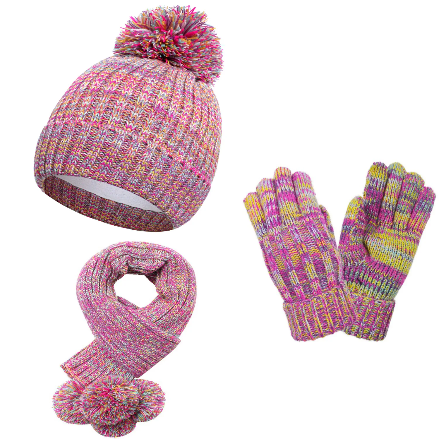 Girl Boy Hat Scarf Gloves Set Beanie Pompom Winter Acrylic Knit Cap Autumn Warm Soft Skiing Accessory For Outdoor Cold Weather