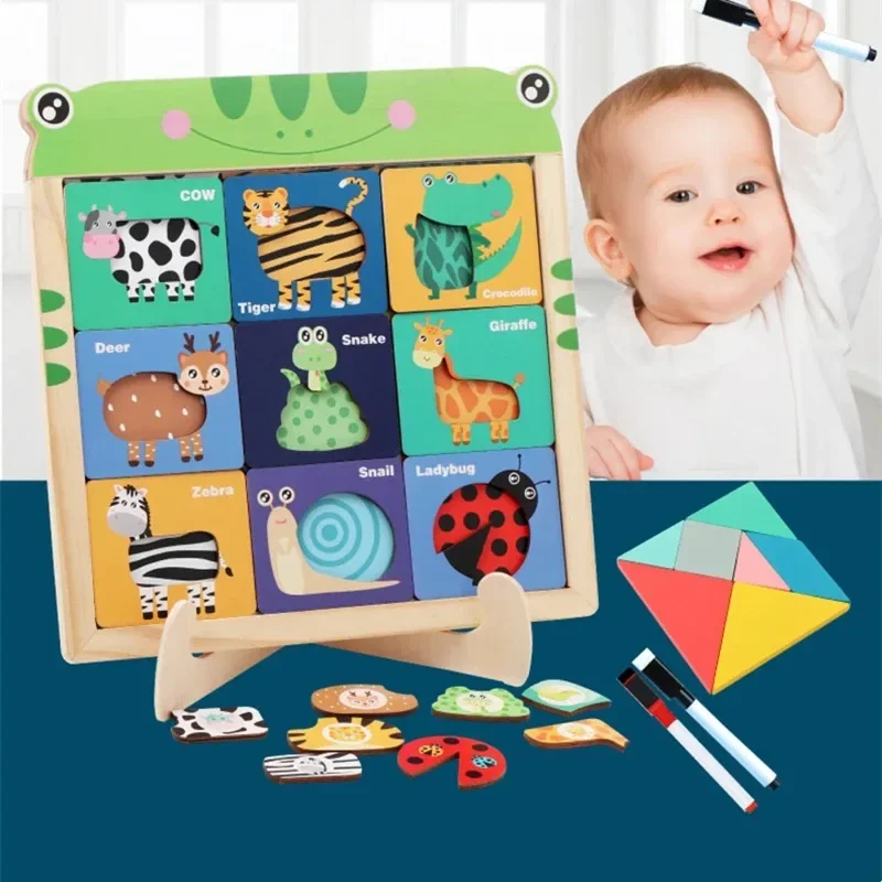 New Wooden Magnetic Puzzle Animals Double Sided Cartoon Jigsaw Puzzle Drawing Board Educational Toys for Children Gifts For Kids