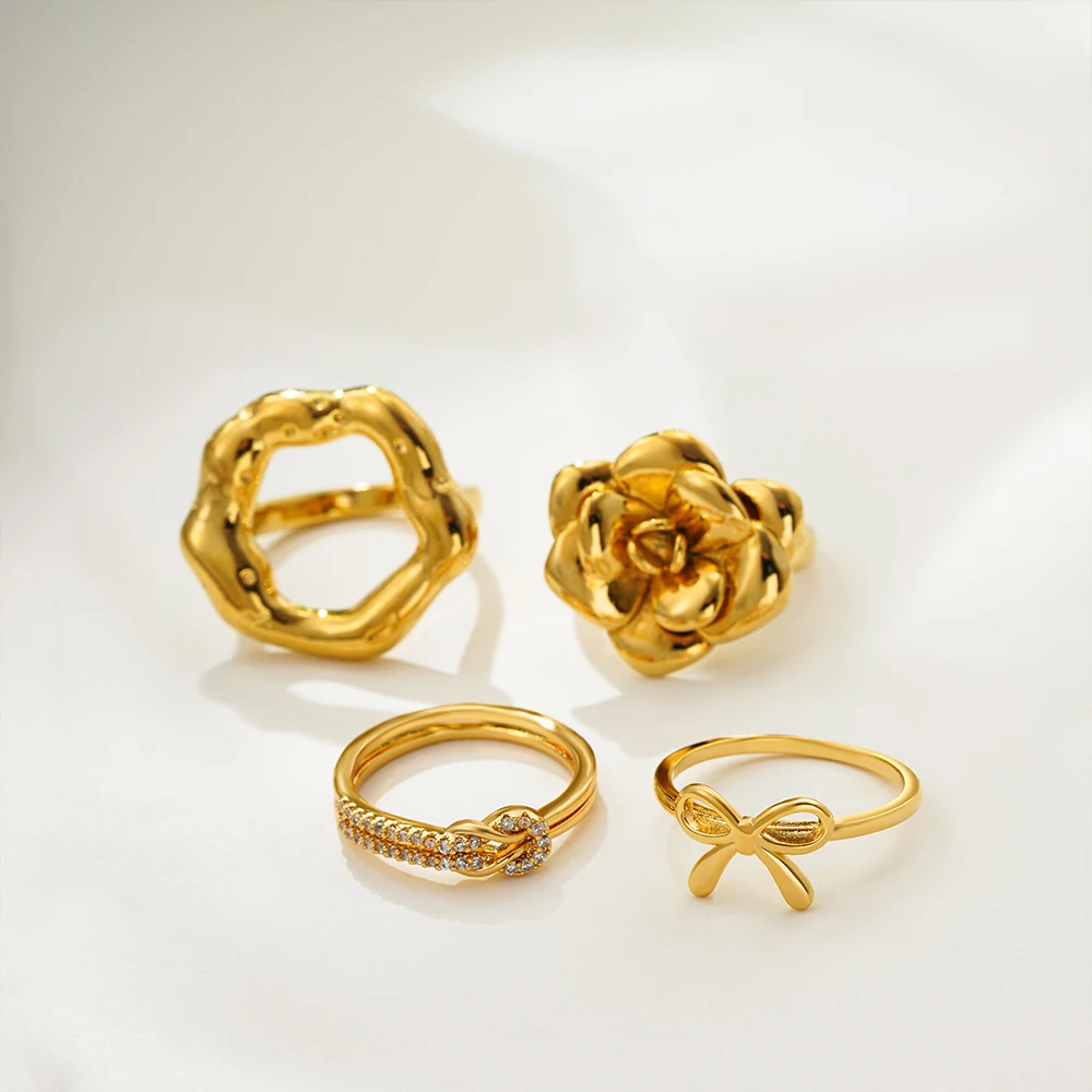 Vintage Flower Petal Hollow Irregular Rings Women Sparkling Zircon Knot Bowknot Wedding Finger Ring Simple Gold Plated Jewelry