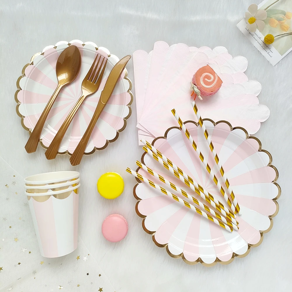 White Gold Paper Plates Cups and Napkins Party Supplies Striped