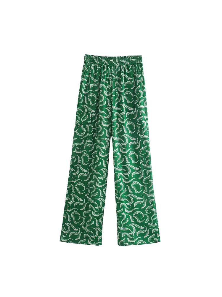 palazzo pants KUMSVAG 2022 Summer Women Casual Straight Pants Print Elastic waist Loose Full Length Female Fashion Street Pant Trousers track pants Pants & Capris