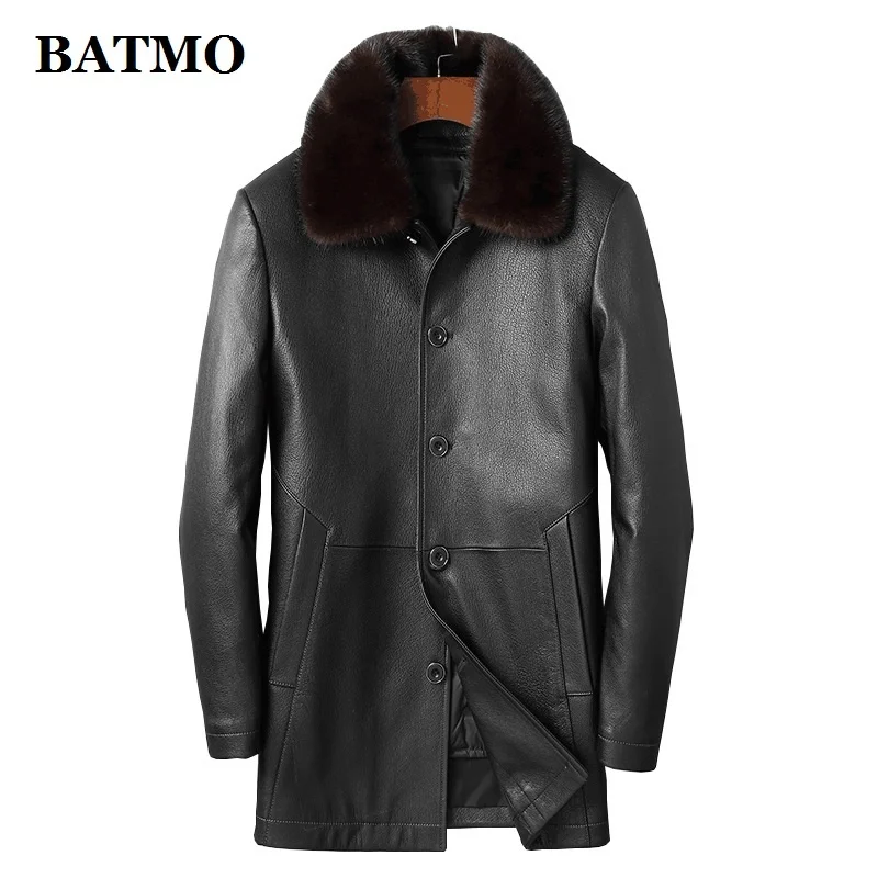 

BATMO 2024 new arrival winter 90% white duck down natural real sheepskin trench coat men,men's mink fur collar leather jackets