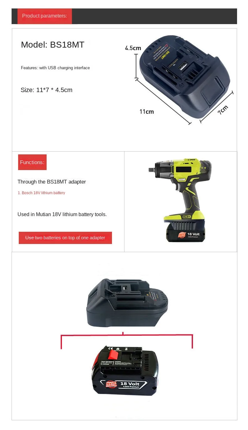 New BS18MT Battery Adapter Converter USB For Bosch 18V BAT619G/620 Batteries Convert To For Makita 18V BL 1860 Lithium Battery
