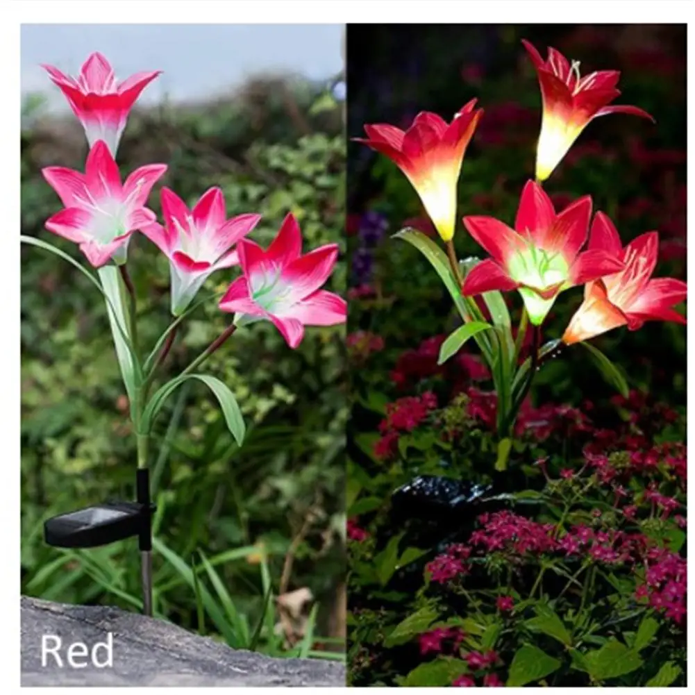 Outdoor Solar Gate Lights With 4 Lily Flowers Ip65 Waterproof Adjustable For Garden Pathway Patio Landscape Decor Backlight Lamp