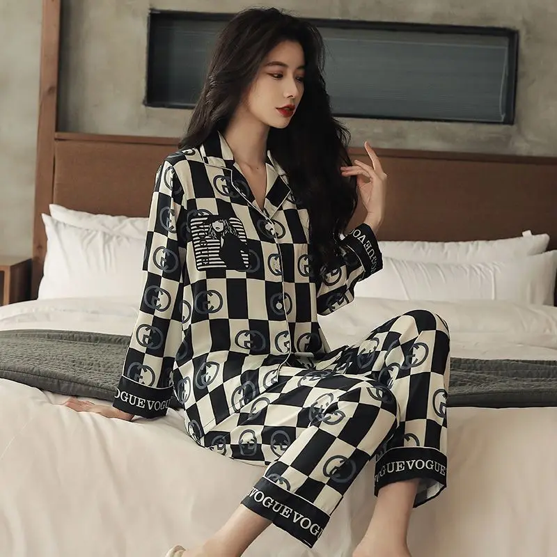 Female Pajamas Spring Autumn Ice Silk Long Sleeve Thin Cardigan Sleepwear Suit Women Large Size High-Grade Light Luxury Homewear