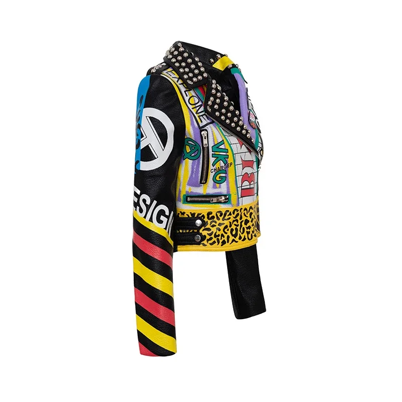 Punk Studded Cropped Motorcycle Jacket for Women 2024 Trend Streetwear Graffiti Print Contrast Faux Leather Jacket S-XXXL