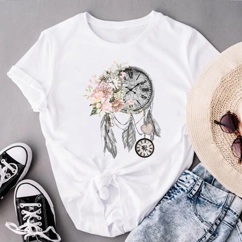 Women Vintage Flower Feather Dream Clothes Print Tops Fashion Lady Short Sleeve Tees Female Summer Tshirt Graphic T-Shirt