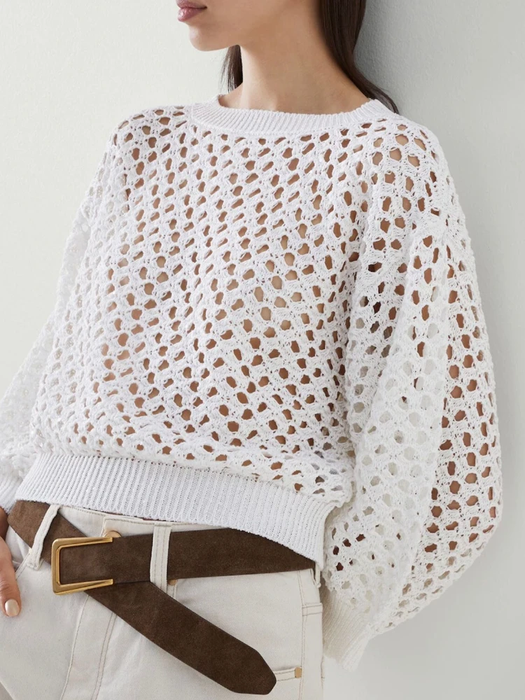 

2023 Autumn Women Loose Round Neck Hollow Versatile Short Knitted Sweater
