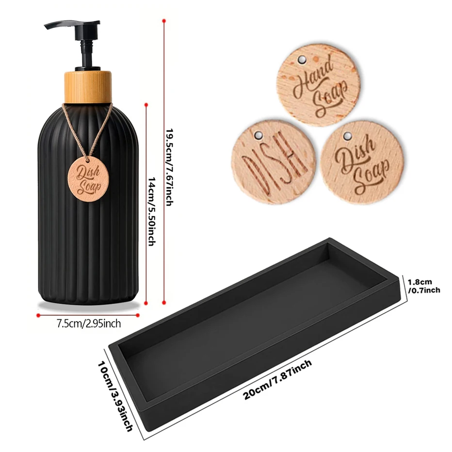 Stripe Dish and Hand Soap Dispenser with Silicone Tray Refillable Kitchen&Bathroom Liquid Hands Soap Bottle Farmhouse Decor