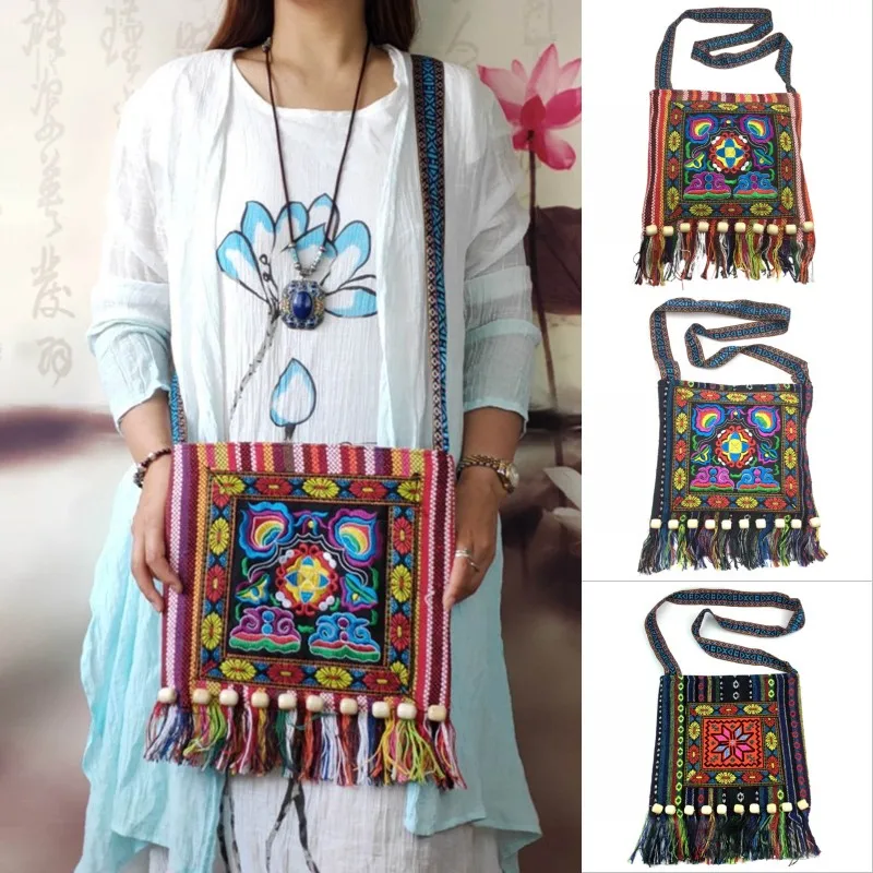 Women Vintage Tribal Ethnic Thai Indian Boho Tassel Cotton Linen Shoulder Bag Embroidery  Flower Tapestry Tote Messenger Bags