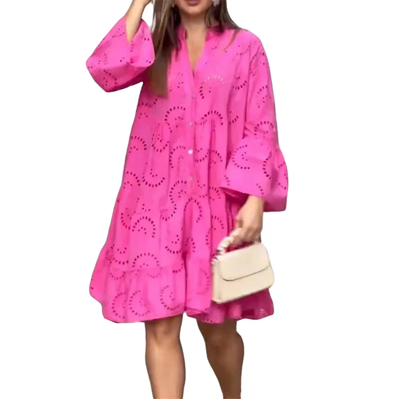 Beach Dress Women Embroidery Lace Eyelet Hollow Out 3/4 Sleeve Single Breasted Mini Dress y2k Vacation Dresses