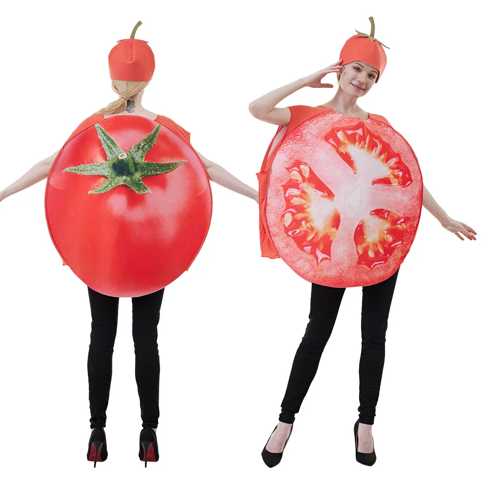 

Adult Halloween Red Tomato Vegetable Jumpsuit Costume Cosplay Funny 3D Fruit Bodysuit For Men Women Carnival Purim Party Outfits