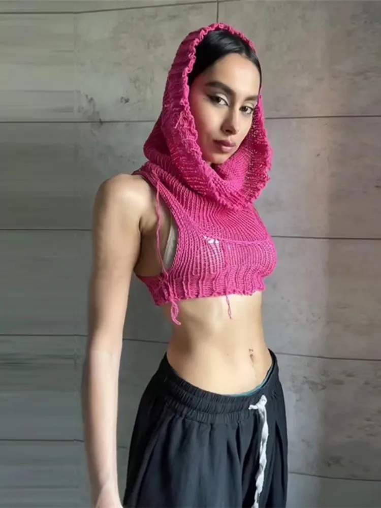 Knitted Vest Sweater Y2k Grunge Hooded Tops Women Aesthetic - Main Image