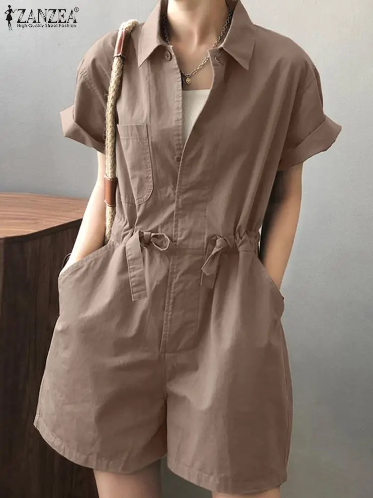 

2021 ZANZEA кафтан однотонные женские летние комбинезоны с лацканами на пуговицах женские шорты брюки комбинезоны большого размера