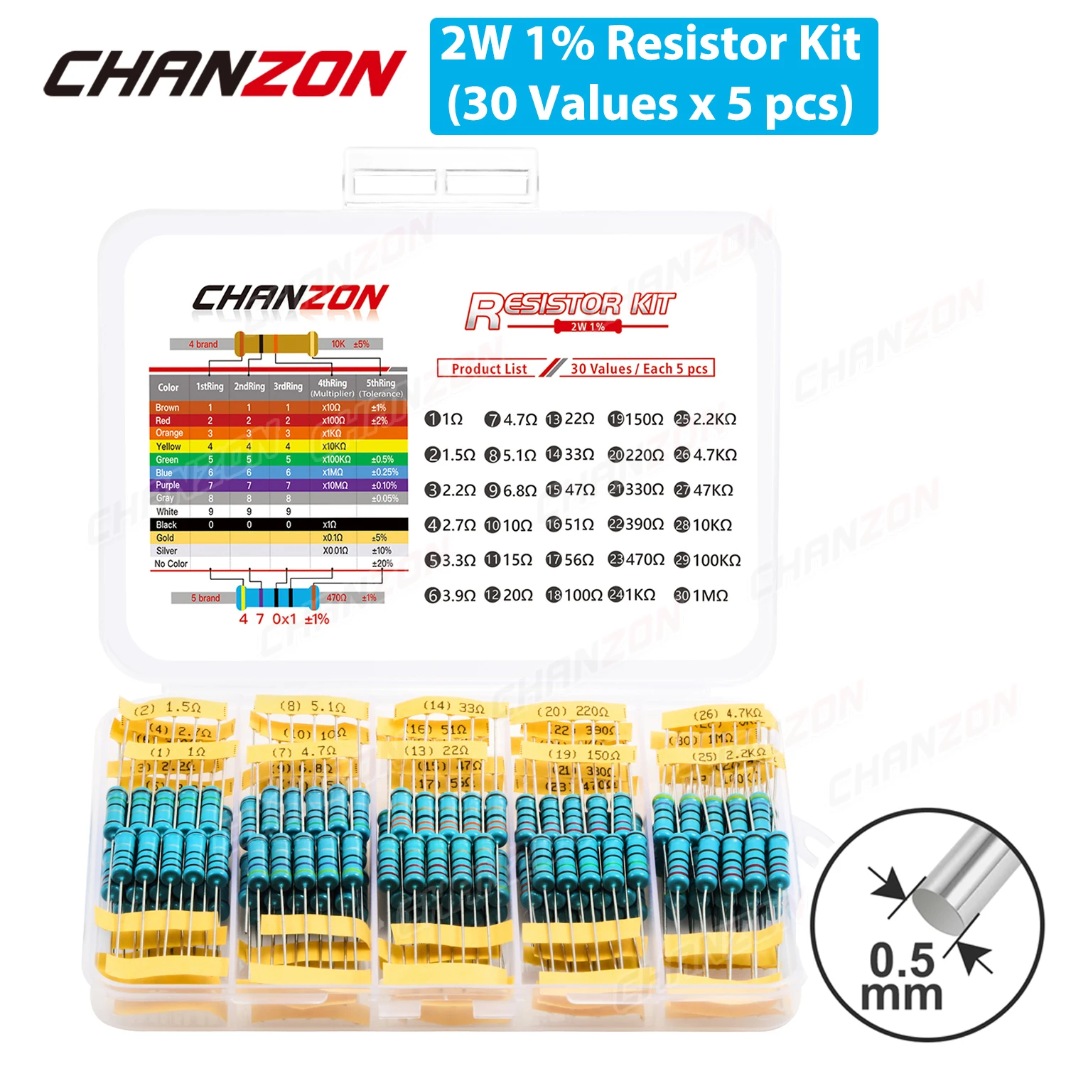 1% 금속 필름 저항기 세트, 고정밀 MF 고정 저항 키트 모음, 30 개 x 5 개, 2W, 150 개, 1ohm - 1M ohm, 2 와트 
